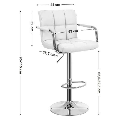 Songmics 2 x Taburete de Bar Regulable en Altura y Giratorio Cromado Cuero Sintético Blanco LJB93W