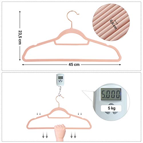 SONGMICS 30 Perchas de Terciopelo para Ropa, Antideslizante, Gancho Giratorio, Oro Rosa, 0.6cm Grosor, Ahorra Espacio, 45cm Ancho para Abrigo, Vestido, Pantalones,Corbatas, Rosa Claro CRF21PK30