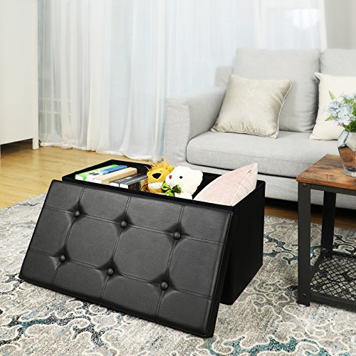 SONGMICS 76 x 38 x 38 cm Baúl Puff Taburete para almacenaje Plegable Carga máxima de 300 kg Negro LSF105