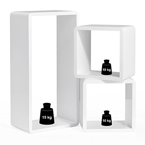 SONGMICS Baldas flotantes Juego de 3 estantes murales Estanterías de Cubos Tamaño Grande, Profundidad de 15 cm Blanco LWS50WT