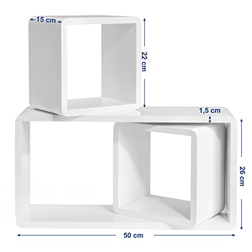 SONGMICS Baldas flotantes Juego de 3 estantes murales Estanterías de Cubos Tamaño Grande, Profundidad de 15 cm Blanco LWS50WT