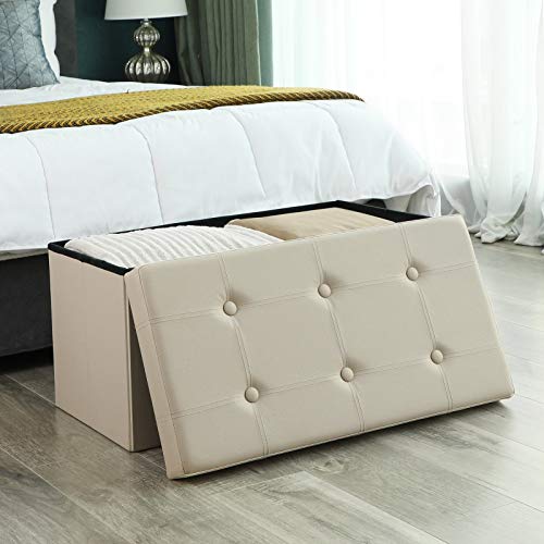 SONGMICS Baúl Puff Taburete para Almacenaje Plegable, Carga Máxima de 300 kg, 76 x 38 x 38 cm, Beige LSF40M