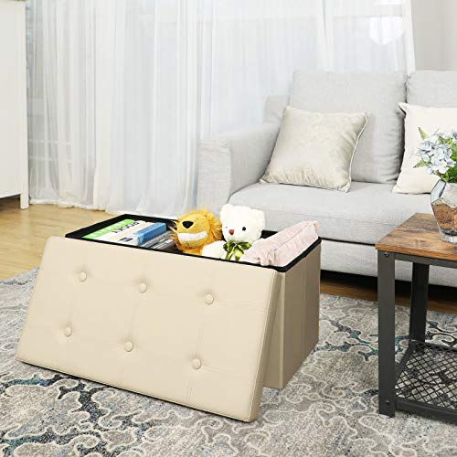 SONGMICS Baúl Puff Taburete para Almacenaje Plegable, Carga Máxima de 300 kg, 76 x 38 x 38 cm, Beige LSF40M