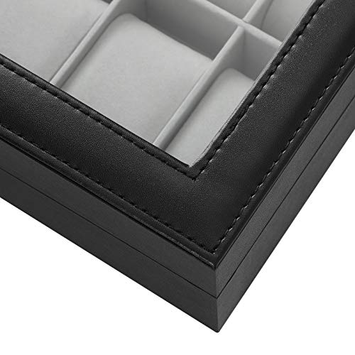 SONGMICS Caja de Relojes con 12 Compartimentos, Estuche para Relojes con Tapa de Cristal, Almohada Extraíble, Forro de Terciopelo, Cierre de Metal, Cuero Sintético Negro, Forro Gris JWB12BK