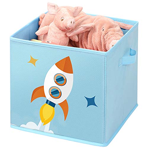 SONGMICS Cajas de Almacenaje, Juego de 3, Organizadoras de Juguetes, Cubos Plegables con Asas, para Habitación de Niños, Sala de Juegos, 30 x 30 x 30 cm, Tema del Espacio, Azul RFB001B03