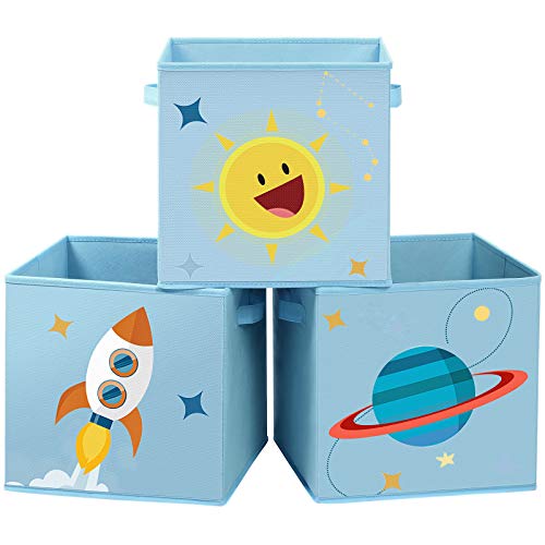 SONGMICS Cajas de Almacenaje, Juego de 3, Organizadoras de Juguetes, Cubos Plegables con Asas, para Habitación de Niños, Sala de Juegos, 30 x 30 x 30 cm, Tema del Espacio, Azul RFB001B03