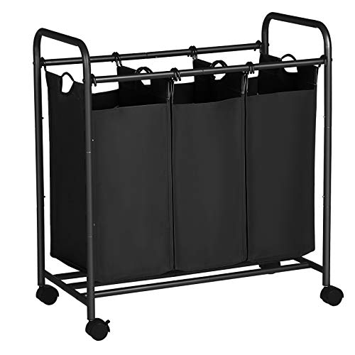 SONGMICS Carrito de Lavandería, Cesta de lavandería, Colector de Ropa con 3 Bolsas de Tela Extraíbles, Clasificador de Ropa, Robusto, 3 x 44 litros, Negro LSF003B