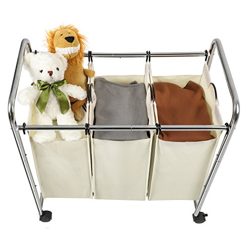 SONGMICS Carrito de Lavandería, Cesta de lavandería, Colector de Ropa con 3 Bolsas de Tela Extraíbles, Contenedor de Ropa sobre Ruedas, Robusto, 3 x 44 litros, Beige LSF003S