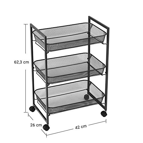 SONGMICS Carro de 3 Niveles, Carro de Cocina y Baño con Cestas de Alambre, Ahorro de Espacio, Montaje Fácil, para Oficina, Sala de Estar, Negro BSC061B01