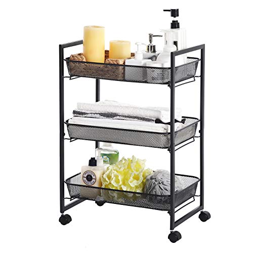 SONGMICS Carro de 3 Niveles, Carro de Cocina y Baño con Cestas de Alambre, Ahorro de Espacio, Montaje Fácil, para Oficina, Sala de Estar, Negro BSC061B01