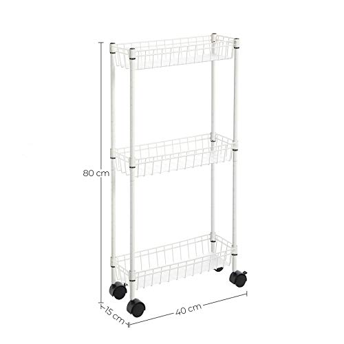 SONGMICS Carro de Almacenamiento Delgado, Carro Deslizante de 3 Niveles, 40 x 15 x 80 cm, Rodante sobre Ruedas, para Espacios Pequeños y Estrechos, Cocina, Lavandería, Blanco LGR203W01