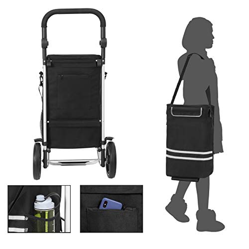 SONGMICS Carro de Compra Plegable, Sólido, con Bolsa de Refrigeración Aislante, Carro de Equipaje con Ruedas, Mochila Desmontable, Gran Capacidad de 35L, Negro KST03BK