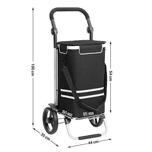 SONGMICS Carro de Compra Plegable, Sólido, con Bolsa de Refrigeración Aislante, Carro de Equipaje con Ruedas, Mochila Desmontable, Gran Capacidad de 35L, Negro KST03BK