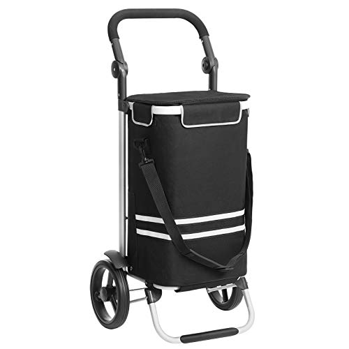 SONGMICS Carro de Compra Plegable, Sólido, con Bolsa de Refrigeración Aislante, Carro de Equipaje con Ruedas, Mochila Desmontable, Gran Capacidad de 35L, Negro KST03BK