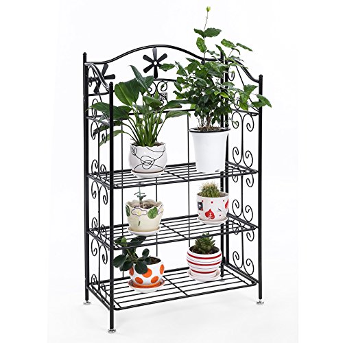 SONGMICS Estantería Decorativa Plegable de Hierro, Soporte para Plantas de Macetas, 4 Niveles, Estilo Retro, Negro GFS103B