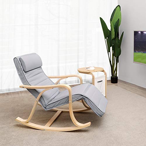 SONGMICS Mecedora, Sillón Tumbona, Madera de Abedul ,Reposapiernas, Ajustable en 5 Posisiones, Funda Lavable, Capacidad de Carga de 150 kg, Gris Claro LYY41G