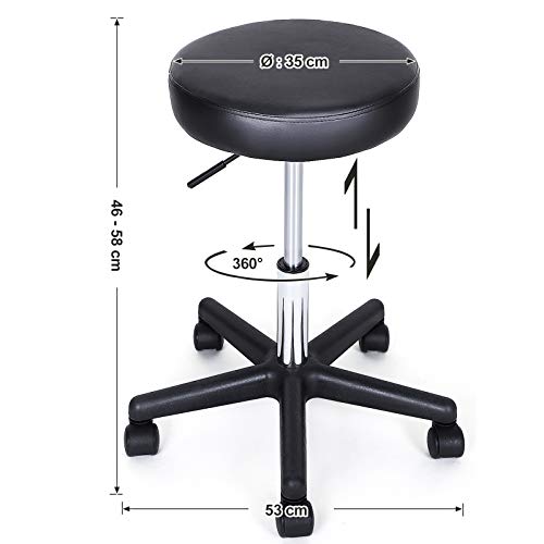 SONGMICS Taburete Giratorio sobre Ruedas, Taburete Rodante Regulable, 46-58 cm, Asiento Tapizado de Cuero Sintético, para Trabajo, Estudio, Oficina, Clínica, Negro LJB61B