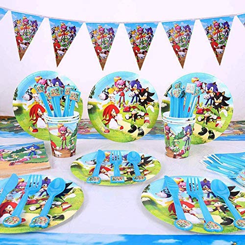 Sonic The Hedgehog Party Supplies Juego de Decoración, FANDE 92 Piezas Suministros de Fiesta Sonic para Cumpleaños de Niños Cartoon Anime Theme Artículos para Fiesta de Cumpleaños