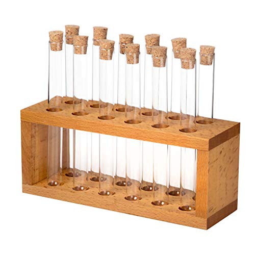 Soporte de Madera para Especias y Hierbas, Incluye 12 Tubos de Ensayo de Cristal con Tapones de Corcho. Utensilio Organizador Cocina