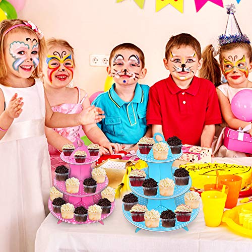 Soporte de Magdalenas de Cartón 3- Nivel, Soporte para Cupcakes Postre de Lunares Rosa y azul para Baby Showers, Cumpleaños, Fiesta -Paquete de 2