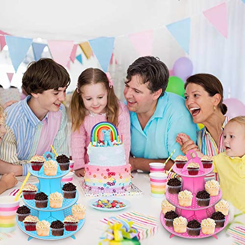 Soporte de Magdalenas de Cartón 3- Nivel, Soporte para Cupcakes Postre de Lunares Rosa y azul para Baby Showers, Cumpleaños, Fiesta -Paquete de 2