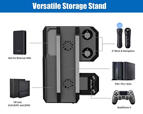 Soporte Vertical para PlayStation - ElecGear PSVR Stand, Ventilador de Refrigeración, Estación de carga cargador de controlador DualShock y Move Motion Controller Mando Charger para PS4, Slim y Pro