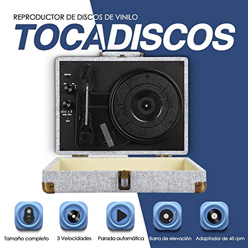 Souidmy Tocadiscos de Vinilo con Bluetooth, 2 Altavoces Incorporados, Reproductor de 3 Velocidades para Discos de 7/10/12 Pulgadas, con Puerto AUX / Auriculares / RCA