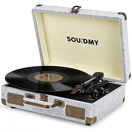 Souidmy Tocadiscos de Vinilo con Bluetooth, 2 Altavoces Incorporados, Reproductor de 3 Velocidades para Discos de 7/10/12 Pulgadas, con Puerto AUX / Auriculares / RCA