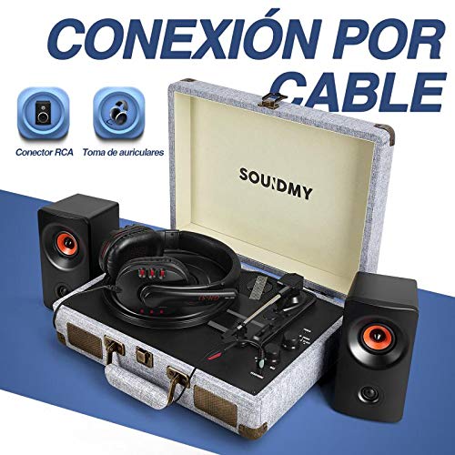 Souidmy Tocadiscos de Vinilo con Bluetooth, 2 Altavoces Incorporados, Reproductor de 3 Velocidades para Discos de 7/10/12 Pulgadas, con Puerto AUX / Auriculares / RCA