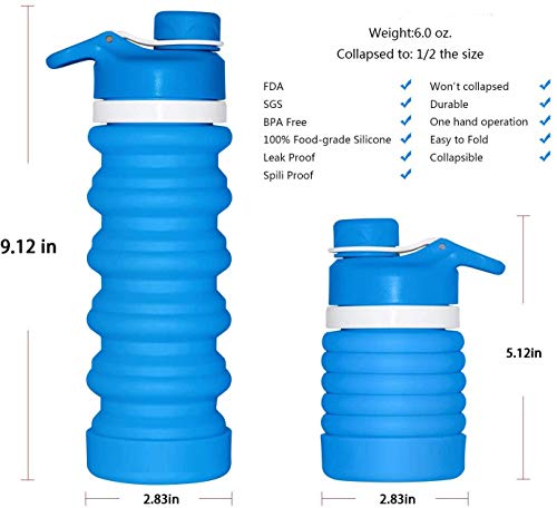 SOULBEST Botella de Agua Plegable Botella de Agua Plegable a Prueba de Fugas Botella de Bebida Plegable de Silicona portátil para Deporte Senderismo Ciclismo Acampada BPA Gratis 550 ml (Azul)