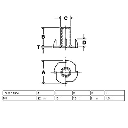 sourcing map 20 piezas M8 métricas 4 dientes Tuercas en T para muebles de madera