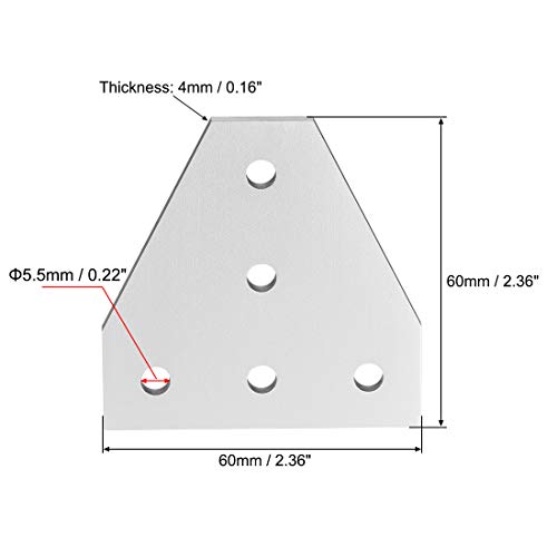 Sourcing map - Placa de unión exterior (60 x 60 x 4 mm, con soporte de unión de 5 orificios para perfil de aluminio 2020, 5 unidades, color plateado