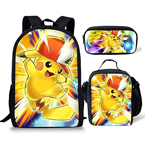 spArt Anime Pikachu Print Mochila escolar para niños y niñas, bolsa de hombro, lonchera, 3 piezas, Pokemon A1 (Multicolor) - sp-cgk