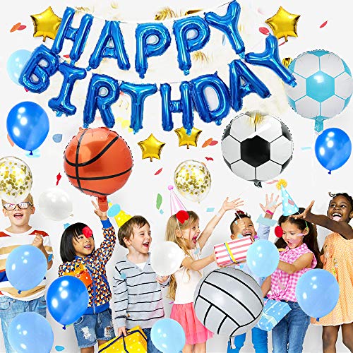 SPECOOL Decoraciones de cumpleaños Niños,Dorado Feliz cumpleaños Conjunto con Globo de esférica de Aluminio Globo Látex Confeti Azul Blanco Fiesta en Globo Decoración para niños