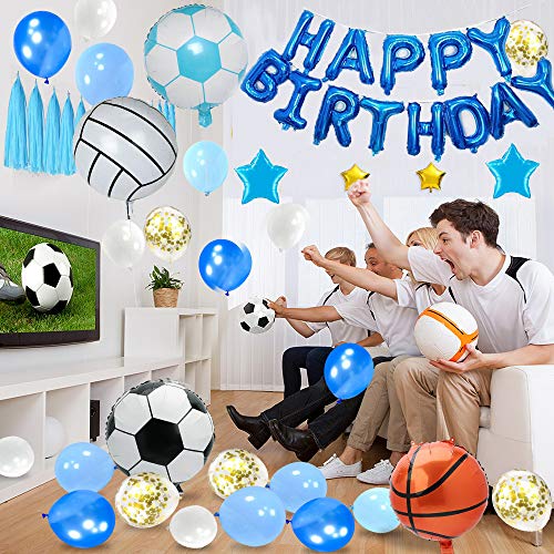 SPECOOL Decoraciones de cumpleaños Niños,Dorado Feliz cumpleaños Conjunto con Globo de esférica de Aluminio Globo Látex Confeti Azul Blanco Fiesta en Globo Decoración para niños