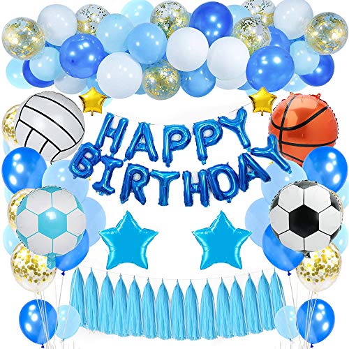 SPECOOL Decoraciones de cumpleaños Niños,Dorado Feliz cumpleaños Conjunto con Globo de esférica de Aluminio Globo Látex Confeti Azul Blanco Fiesta en Globo Decoración para niños