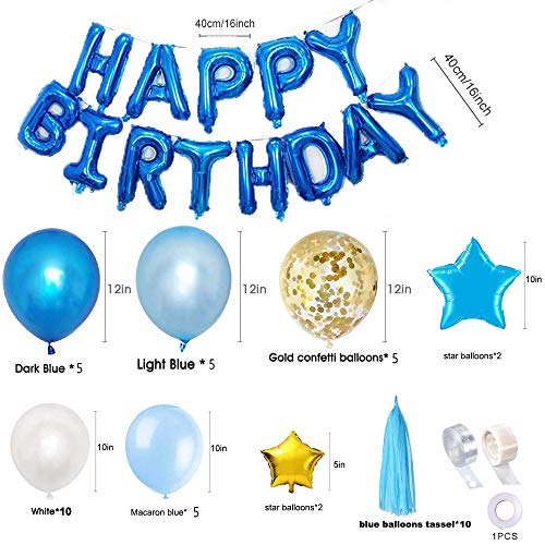 SPECOOL Decoraciones de cumpleaños Niños,Dorado Feliz cumpleaños Conjunto con Globo de esférica de Aluminio Globo Látex Confeti Azul Blanco Fiesta en Globo Decoración para niños