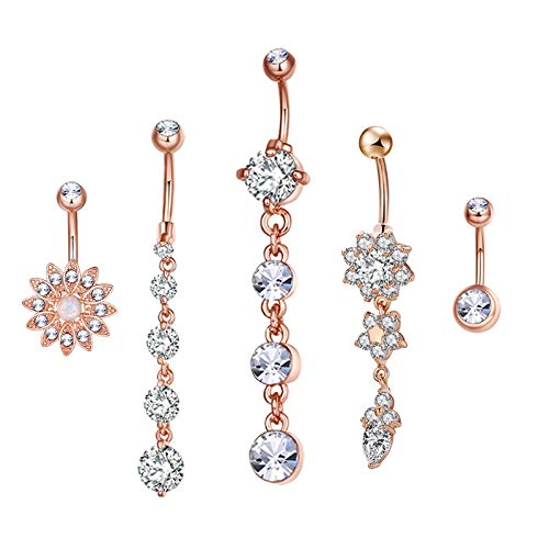 SSLA 5pcs Establece Manera Flor-Forma Atractiva Tumbona de Acero Inoxidable médico del Ombligo Anillos Piercing del Ombligo Mujeres Piercing joyería (Color : Rose Gold Color)