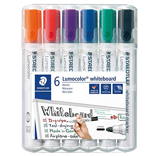 Staedtler 351 WP6 - Rotuladores para pizarra blanca Lumocolor, inodoro, secado rápido y recargable, paquete de 6 colores