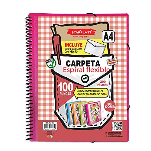 Starplast Carpeta Espiral flexible, 100 Fundas Transparentes, A4, Cierre de Goma Elástica, Tapas de Polipropileno,Sobre con Velcro, Portada Personalizable, para oficina, uso escolar, etc. Rosa