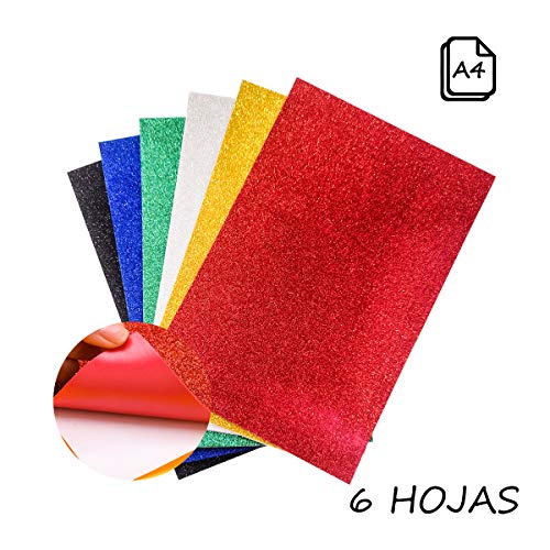 Starplast, Papel Goma Eva, Papel Foamy, Papel Decorativo, Pack de 6 Láminas, Con Adhesivo, Purpurina, Liso, Aprox A4, 20x30cm, Hojas de Espuma EVA para Decorar y Manualidades, Etc. Colores Surtidos