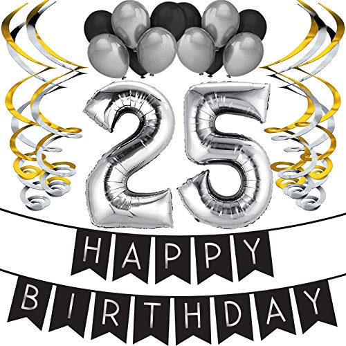 Sterling James Co. Paquete para Fiesta de Cumpleaños Número 25 “Happy Birthday”- Paquete con Banderín de Feliz Cumpleaños Negro y Plateado, Globos y Serpentinas- Decoración para Cumpleaños