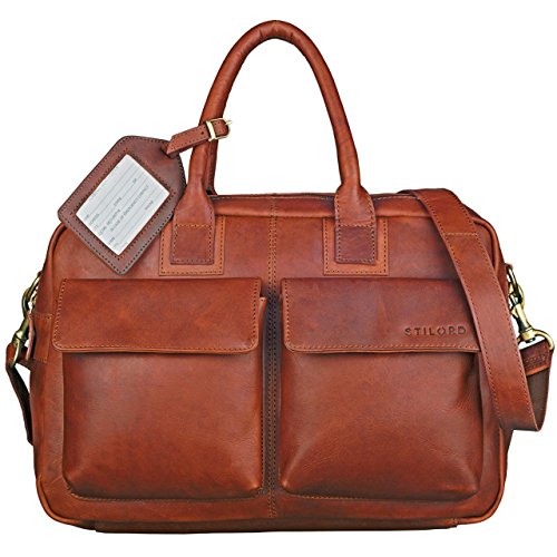 STILORD 'Carlo' Bolso de Piel para portátil de 15.6' Maletín Unisex y diseño Vintage para Universidad Negocios Profesor Bolsa de Negocios de auténtico Cuero, Color:Cognac-marrón