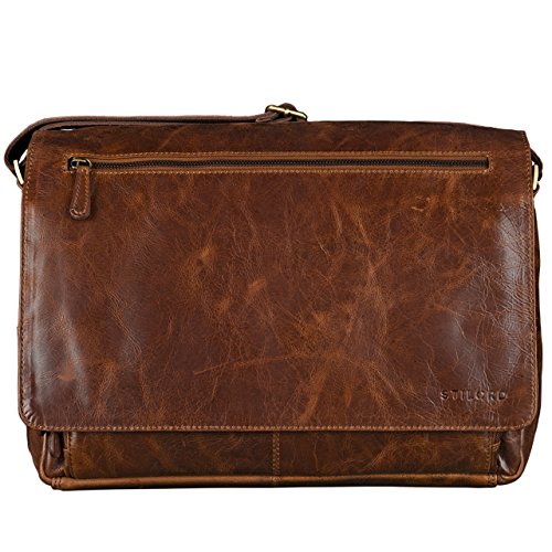 STILORD 'Jan' Maletín para portátil de 15,6' Cuero Estilo Vintage Bolsa de Hombro Bolso de Mensajero o Bandolera de auténtica Piel de búfalo, Color:marrón - Antico