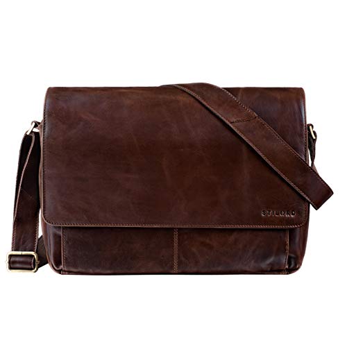 STILORD 'Lonzo' Bolso de Hombro de Piel Estilo Vintage para Hombre y Mujer Bolso de Mensajero o Bandolera para portátil de 15,6 Pulgadas de auténtico Cuero, Color:Lyon - marrón