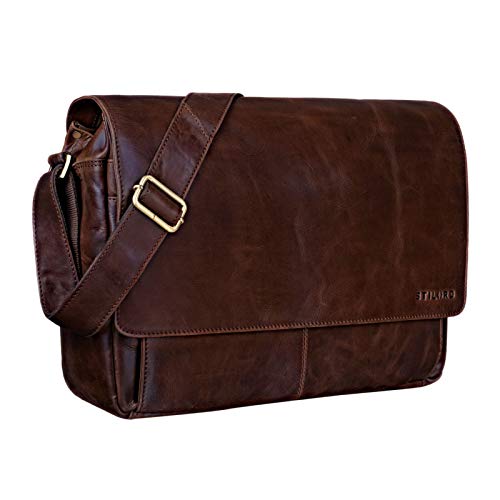 STILORD 'Lonzo' Bolso de Hombro de Piel Estilo Vintage para Hombre y Mujer Bolso de Mensajero o Bandolera para portátil de 15,6 Pulgadas de auténtico Cuero, Color:Lyon - marrón