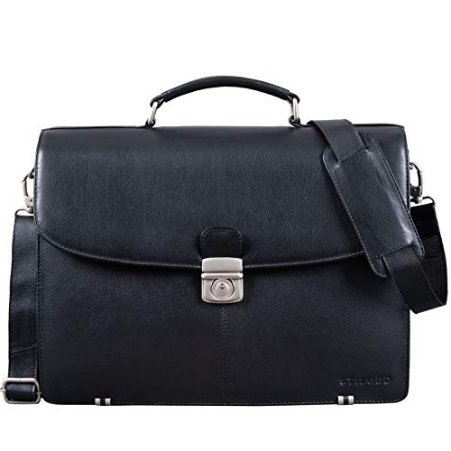 STILORD 'Miguel' Maletín de Piel Negro Grande para Hombre Bolso de Negocios Clásico Bolsa Bandolera de portátil de 15,6 y auténtico Cuero, Color:Negro