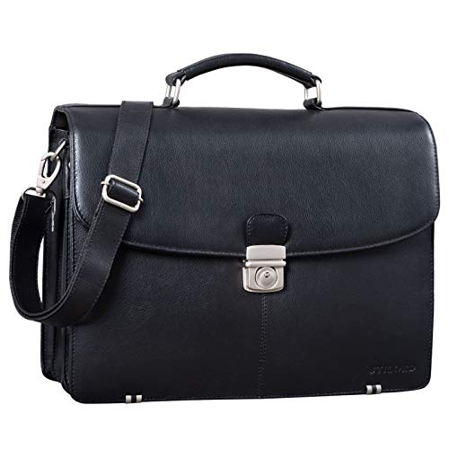 STILORD 'Miguel' Maletín de Piel Negro Grande para Hombre Bolso de Negocios Clásico Bolsa Bandolera de portátil de 15,6 y auténtico Cuero, Color:Negro