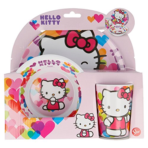 STOR SET MELAMINA SIN ORLA 3 PCS. (PLATO, CUENCO Y VASO) HELLO KITTY HEARTS