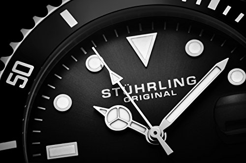 Stuhrling Original Ed. Ltd Reloj de Buceo Cuerda Automática para Hombre con Dial Negro Resistente al Agua a 200M Unidireccional con Bisel Trinquete y Pulsera Acero INOX. Sólido, Corona De Rosca